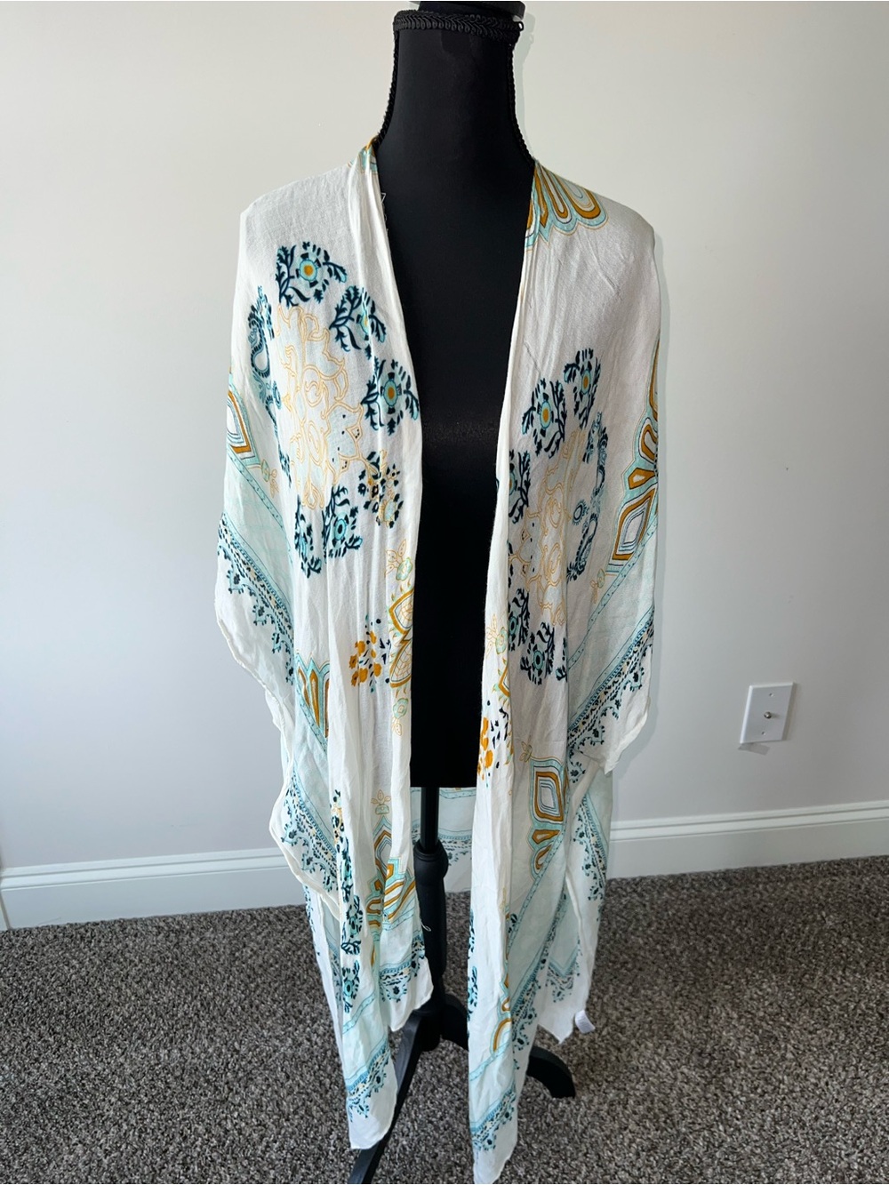 Woven Heart White Boho Kimono Cardigan with Teal & Gold Floral Accents